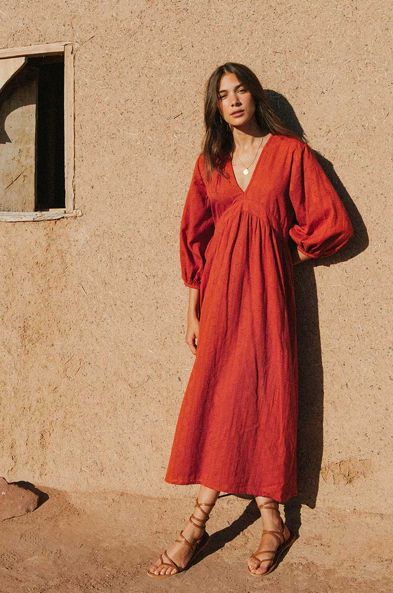 ALMA Midi Dress - warm red cotton